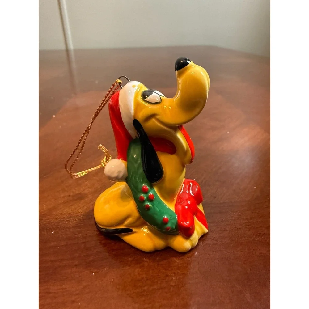 Vtg Disney Pluto Christmas Ornament Japan Ceramic Dog Santa Hat Holiday Decor‎